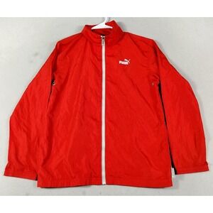 Puma Windbreaker Jacket Boys Large Red Hooded Packable Full Zip Logo Lightweight